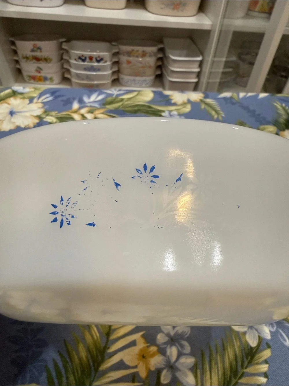 Fire King White Casserole Dish with Blue Floral Detail